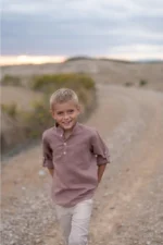 Camisa Niño Cuello Mao Lino rosa oscuro