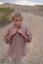 Camisa Niño Cuello Mao Lino rosa oscuro - Imagen 2