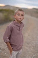 Camisa Niño Cuello Mao Lino rosa oscuro - Imagen 3