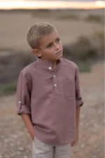 Camisa Niño Cuello Mao Lino rosa oscuro - Imagen 4