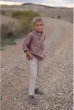 Camisa Niño Cuello Mao Lino rosa oscuro - Imagen 5