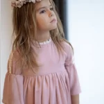 Vestido gasa rosa manga campana
